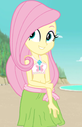 Size: 1254x1942 | Tagged: safe, artist:ocean lover, edit, edited screencap, screencap, fluttershy, human, equestria girls, g4, adorasexy, bare midriff, bare shoulders, base, bashful, beach, beach babe, beautiful, belly, belly button, bikini, bikini babe, bikini top, blue eyes, boulder, clothes, cloud, cute, cutie mark on clothes, hill, holding arm, kindness, long hair, midriff, ocean, outdoors, pink hair, pretty, sand, sarong, sexy, shy, shyabetes, sky, smiling, solo, swimsuit, tree, water, wave