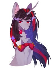 Size: 1040x1400 | Tagged: safe, artist:vitani, oc, oc only, pony, unicorn, bowtie, bust, flower, flower in mouth, horn, mouth hold, shirtless shirt collar, simple background, solo, white background