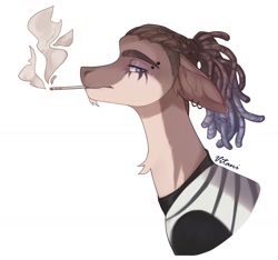 Size: 1616x1514 | Tagged: safe, artist:vitani, oc, oc only, pony, bust, cigarette, clothes, dreadlocks, ear fluff, ear piercing, earring, eyebrow piercing, jewelry, male, piercing, simple background, smoking, solo, stallion, white background