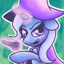 Size: 1000x1000 | Tagged: safe, artist:rosa ushiromiya, derpibooru exclusive, trixie, pony, unicorn, g4, cape, clothes, female, hat, horn, looking at you, mare, microphone, solo, trixie's cape, trixie's hat