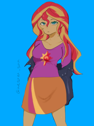 Size: 3072x4096 | Tagged: safe, artist:metaruscarlet, sunset shimmer, human, equestria girls, g4, blue background, clothes, cutie mark on clothes, jacket, leather, leather jacket, looking at you, shirt, simple background, skirt, solo