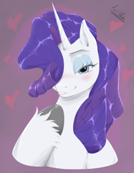 Size: 2400x3087 | Tagged: safe, artist:artpeluca, rarity, pony, unicorn, g4, bust, female, hair over one eye, heart, high res, hoof on chest, horn, looking at you, mare, portrait, seductive look, solo, unshorn fetlocks