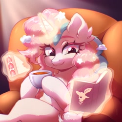 Size: 2560x2560 | Tagged: safe, artist:seurnik, oc, oc only, oc:suflya, pony, unicorn, book, cloud, couch, ear fluff, eating, food, halfbody, horn, long eyelashes, magic, magic aura, multicolored hair, rainbow eyes, rainbow hair, reading, sandwich, solo, stars, strawberry