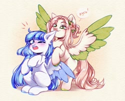 Size: 2560x2059 | Tagged: safe, artist:seurnik, oc, oc only, pegasus, biting, blonde hair, blue eyes, blue feather, blue hair, blue hooves, blushing, ear bite, flower, green eyes, green feathers, green hooves, playful, shy, white coat