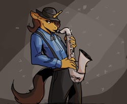 Size: 986x804 | Tagged: safe, artist:double-zr-tap, oc, oc only, oc:colt train, unicorn, anthro, bowtie, clothes, commissioner:legionofblues, hat, horn, male, musical instrument, musician, saxophone, stallion, stallion oc, suspenders, tail, unicorn oc