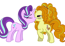 Size: 2048x1456 | Tagged: safe, anonymous artist, derpibooru exclusive, adagio dazzle, starlight glimmer, pony, unicorn, g4, 2025, base used, blushing, duo, eyes closed, female, horn, kissing, lesbian, lidded eyes, looking at someone, raised hoof, rarepair, shipping, simple background, stardagio, unicorn adagio dazzle, white background