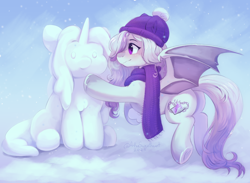 Size: 2058x1510 | Tagged: safe, artist:anku, oc, oc only, bat pony, pony, bat wings, butt, clothes, hat, hoof heart, plot, scarf, simple background, smiling, snow, snowman, solo, spread wings, underhoof, wings, winter, winter hat