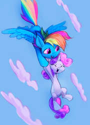 Size: 1742x2419 | Tagged: safe, artist:khvorost162, rainbow dash, sweetie belle, earth pony, pegasus, pony, g4, cloud, duo, duo female, female, flying, horn, open mouth, open smile, sky, smiling, spread wings, wings