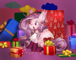 Size: 2932x2312 | Tagged: safe, artist:khvorost162, oc, oc only, bat pony, pony, box, chest fluff, christmas, commission, fairy lights, happy new year, holiday, present, secret santa, solo, string lights