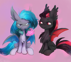 Size: 2114x1846 | Tagged: oc name needed, source needed, safe, artist:khvorost162, oc, oc only, oc:vee, bat pony, duo, flower, oc x oc, pink background, red and black oc, shipping, simple background, sitting