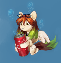 Size: 1864x1937 | Tagged: safe, artist:khvorost162, oc, oc only, pegasus, blue background, bubble, collar, commission, drink, glasses, simple background, soda, solo