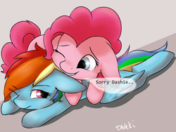 Size: 4000x3000 | Tagged: safe, artist:dbleki, pinkie pie, rainbow dash, earth pony, pegasus, pony, g4, cute, diapinkes, duo, female, floppy ears, fluffy, fluffyball, lesbian, lying down, mare, one eye closed, prone, ship:pinkiedash, shipping, simple background, text