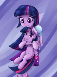 Size: 3600x4800 | Tagged: safe, alternate version, artist:megagibs, twilight sparkle, alicorn, human, pony, equestria girls, g4, cute, holding a pony, human ponidox, looking at each other, looking at someone, self paradox, self ponidox, smiling, twiabetes, twilight sparkle (alicorn)