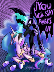 Size: 2531x3341 | Tagged: safe, artist:midnameowfries, nightmare moon, princess celestia, alicorn, pony, g4, chugging, coffee, concave belly, don't go to bed, drink, drinking, female, food, force feeding, glowing, glowing horn, hammerspace belly, horn, magic, mare, slender, stuffing, telekinesis, thin