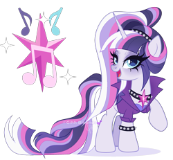 Size: 1933x1786 | Tagged: safe, artist:gihhbloonde, oc, oc only, unnamed oc, pony, unicorn, blue eyes, choker, clothes, female, gradient mane, gradient tail, headband, horn, jacket, lightly watermarked, long horn, long tail, magical lesbian spawn, mare, offspring, open mouth, parent:coloratura, parent:twilight sparkle, parents:raralight, ponytail, raised hoof, simple background, solo, spiked choker, spiked wristband, tail, transparent background, turned head, unicorn oc, watermark, wristband