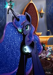 Size: 4900x6825 | Tagged: safe, artist:f-nar, nightmare moon, princess celestia, princess luna, alicorn, changeling, pony, g4, biting, detailed background, female, glowing, glowing horn, hair bite, horn, magic, mare, mid-transformation, nightmare luna, signature, solo, standing, throne room, transformation