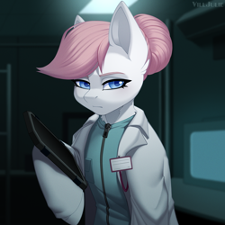 Size: 1024x1024 | Tagged: safe, artist:villjulie, nurse redheart, earth pony, semi-anthro, g4, arm hooves, clothes, female, hair bun, indoors, lab coat, looking at you, mare, mlp-rd, name tag, solo, tablet, three quarter view