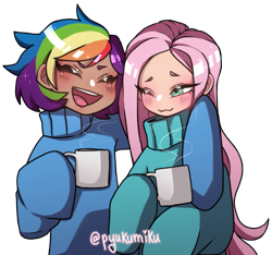 Size: 1143x1071 | Tagged: safe, artist:pyukumeru, fluttershy, rainbow dash, human, g4, blushing, clothes, coffee, cute, dashabetes, duo, eyes closed, female, humanized, lesbian, moderate dark skin, mug, one eye closed, open mouth, ship:flutterdash, shipping, shyabetes, simple background, sweater, sweatershy, transparent background, wink