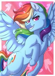 Size: 1230x1690 | Tagged: safe, artist:silentwolf-oficial, rainbow dash, pegasus, pony, g4, female, grin, mare, signature, smiling, solo, spread wings, windswept mane, wings