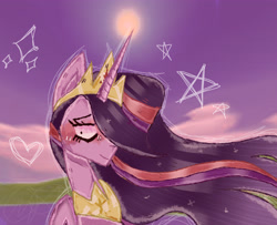 Size: 3700x3000 | Tagged: safe, artist:moudiac, twilight sparkle, alicorn, pony, g4, blushing, crown, ethereal mane, flowing mane, heart, jewelry, looking down, older, older twilight, older twilight sparkle (alicorn), peytral, princess, princess twilight 2.0, regalia, solo, starry mane, stars, sun, twilight sparkle (alicorn), wavy mane