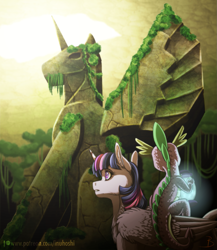 Size: 1391x1600 | Tagged: safe, artist:inuhoshi-to-darkpen, spike, twilight sparkle, alicorn, dragon, pony, g4, dragons riding ponies, duo, female, lantern, male, mare, riding, riding a pony, ruins, scenery, spike riding twilight, statue, story in the source, twilight sparkle (alicorn)