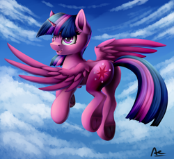 Size: 2400x2200 | Tagged: safe, artist:ac-whiteraven, twilight sparkle, alicorn, pony, g4, butt, cloud, female, flying, mare, open mouth, open smile, plot, signature, sky, smiling, solo, spread wings, twibutt, twilight sparkle (alicorn), underhoof, wings