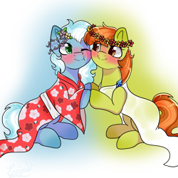 Size: 2000x2000 | Tagged: safe, artist:eniartuwu, earth pony, pony, blue hair, blushing, brown eyes, brown hair, clothes, commission, commission open, diamond, flower, flower in hair, green body, kimono (clothing), love, my little pony, red shirt