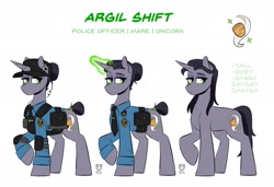 Size: 1930x1318 | Tagged: safe, artist:redxbacon, oc, oc only, oc:argil shift, pony, unicorn, clothes, hair bun, hat, horn, police, police uniform, reference sheet, simple background, solo, uniform, white background