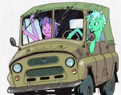 Size: 1112x875 | Tagged: safe, artist:adeptus-monitus, lyra heartstrings, twilight sparkle, pony, unicorn, g4, driving, duo, duo female, female, frown, grin, horn, mare, ponies driving cars, smiling, truck