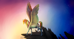 Size: 2251x1200 | Tagged: safe, artist:eugenchen, rainbow dash, pegasus, pony, g4, abstract background, backwards cutie mark, colored wings, colored wingtips, dawn, eyes closed, female, hair over eyes, mare, morning, solo, spread wings, stars, walking, wings