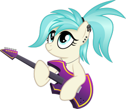 Size: 6231x5433 | Tagged: safe, artist:anime-equestria, coco pommel, earth pony, pony, g4, alternate hairstyle, cocobetes, cute, ear piercing, female, guitar, jewelry, mare, musical instrument, necklace, piercing, ponytail, simple background, smiling, solo, transparent background, vector