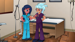 Size: 1192x670 | Tagged: safe, artist:lavenderrain24, desert sage, frosty orange, g4, checkup, clothes, doctor's office, exam table, nurse, scrubs (gear), stethoscope