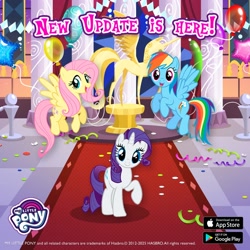 Size: 1440x1440 | Tagged: safe, gameloft, fluttershy, rainbow dash, rarity, pegasus, unicorn, g4, horn