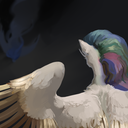 Size: 3000x3000 | Tagged: safe, artist:yanisfucker, princess celestia, princess luna, alicorn, pony, g4, back, colored wings, colored wingtips, dark, ear fluff, female, fluffy, flying, high res, mare, missing accessory, shoulder fluff, solo, spread wings, wing fluff, wings