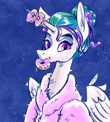 Size: 3368x3736 | Tagged: safe, artist:kovoranu, princess celestia, alicorn, pony, g4, bathrobe, bust, clothes, donut, eating, food, horn, horn impalement, mouth hold, portrait, robe