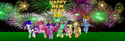 Size: 1500x500 | Tagged: safe, artist:lizzmcclin, applejack, fluttershy, pinkie pie, rainbow dash, rarity, twilight sparkle, g4, 3d, happy new year, happy new year 2025, holiday, mane six, source filmmaker