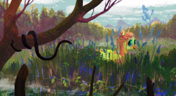 Size: 4520x2480 | Tagged: safe, artist:wolfiedrawie, fluttershy, pegasus, pony, snake, g4, alternate hairstyle, cattails, female, folded wings, looking at something, looking sideways, mare, marsh, outdoors, reeds, scenery, smiling, solo, swamp, tree, water, wings