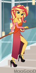 Size: 4000x8000 | Tagged: safe, artist:moogood, sunset shimmer, human, equestria girls, g4, absurd resolution, adorasexy, bare shoulders, bedroom eyes, breasts, busty sunset shimmer, cleavage, clothes, complex background, cute, detached sleeves, dress, ear piercing, earring, eyeshadow, female, grin, high heels, indoors, jewelry, lamp, long dress, looking at you, makeup, night, piercing, platform heels, platform shoes, railing, raised leg, seductive look, sexy, shoes, signature, sleeveless, sleeveless dress, smiling, smiling at you, solo, stairs, standing, two toned hair, vector