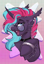 Size: 1640x2360 | Tagged: safe, artist:koffeemilk, oc, oc only, oc:synthie glitch, bat pony, bat pony unicorn, hybrid, unicorn, abstract background, blue eyes, bracelet, chest fluff, choker, cute, cute little fangs, ear fluff, ear piercing, ear tufts, earring, eyelashes, fangs, female, glasses, halfbody, happy, horn, jewelry, mare, multicolored hair, multicolored mane, open mouth, open smile, piercing, smiling, solo