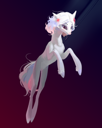 Size: 2400x3000 | Tagged: safe, artist:yanisfucker, oc, oc only, earth pony, pony, abstract background, belly, concave belly, female, flower, flower in hair, freckles, gradient background, high res, jumping, lighting, mare, pale belly, slender, solo, thin