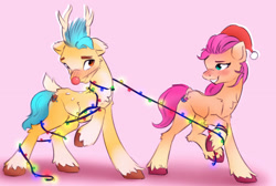 Size: 2262x1516 | Tagged: safe, artist:itssim, hitch trailblazer, sunny starscout, earth pony, pony, g5, my little pony: a new generation, animal costume, antlers, blushing, chest fluff, christmas, christmas lights, clothes, costume, dominant, duo, duo male and female, female, femdom, hat, holiday, itssim is trying to murder us, looking at each other, looking at someone, love, male, mare, neck fluff, pink background, raised hoof, raised leg, red nose, reindeer costume, santa hat, ship:starblazer, shipping, shy, simple background, smiling, stallion, standing on two hooves, straight, string lights, tied up, unshorn fetlocks