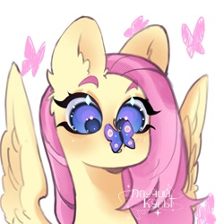 Size: 1024x1024 | Tagged: safe, artist:паучий культ, fluttershy, butterfly, pegasus, pony, g4, bust, butterfly on nose, insect on nose, obtrusive watermark, portrait, simple background, solo, watermark, white background