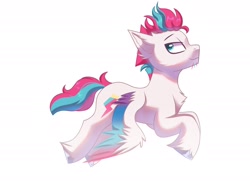 Size: 2180x1582 | Tagged: safe, artist:maxi_ponie, zipp storm, pegasus, pony, g5, chest fluff, colored wings, ear fluff, flying, looking back, male, multicolored wings, profile, rule 63, side view, simple background, solo, spread wings, stallion, unshorn fetlocks, white background, wings, wings down, zip cyclone