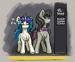 Size: 1197x996 | Tagged: safe, artist:reddthebat, dj pon-3, octavia melody, vinyl scratch, earth pony, pony, unicorn, g4, bag, chest fluff, cyrillic, duo, duo female, eyes closed, female, headphones, height difference, horn, mare, music notes, russian, saddle bag, signature, smiling, sunglasses, sunglasses on head, train station