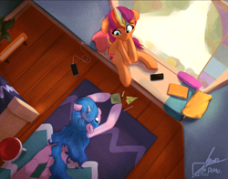 Size: 2548x1999 | Tagged: safe, artist:potato22, sunny starscout, earth pony, pony, unicorn, g5, cellphone, duo, duo female, female, horn, indoors, lying down, mane stripe sunny, mare, overhead view, phone, prone, sitting, smartphone, sploot