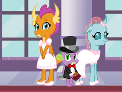 Size: 2048x1536 | Tagged: safe, artist:lnx1ynight16, ocellus, smolder, spike, changeling, dragon, g4, bowtie, clothes, cute, diaocelles, dress, female, flower girl, flower girl dress, hallway, hat, horn, horns, jewelry, looking at you, male, ring, ring bearer, smiling, smiling at you, smolderbetes, top hat, trio, trio female, tuxedo