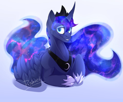 Size: 2920x2433 | Tagged: safe, artist:duskovich, princess luna, alicorn, pony, g4, female, gradient background, jewelry, looking at you, mare, obtrusive watermark, smiling, solo, watermark