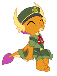 Size: 750x1000 | Tagged: safe, artist:queencold, smolder, dragon, g4, cute, dragoness, eyes closed, female, filly guides, scout uniform, simple background, sitting, smiling, smolderbetes, solo, transparent background