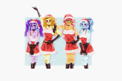 Size: 3000x2000 | Tagged: safe, artist:queenhoneybee, adagio dazzle, aria blaze, sonata dusk, sunset shimmer, human, equestria girls, g4, arm on shoulder, boots, breasts, christmas, cleavage, clothes, dress, female, gloves, grin, hand on hip, hat, high res, holiday, long gloves, looking at you, santa dress, santa hat, shoes, simple background, smiling, smiling at you, the dazzlings, tongue out, white background