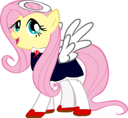 Size: 2844x2625 | Tagged: artist needed, source needed, safe, edit, vector edit, fluttershy, angel, pegasus, pony, g4, official, background removed, bemani, clothes, cosplay, costume, dress, female, high res, konami, necktie, open mouth, poet (pop'n music), pop'n music, red shoes, shoes, shorts, show accurate, simple background, socks, solo, spread wings, transparent background, vector, white wings, wings